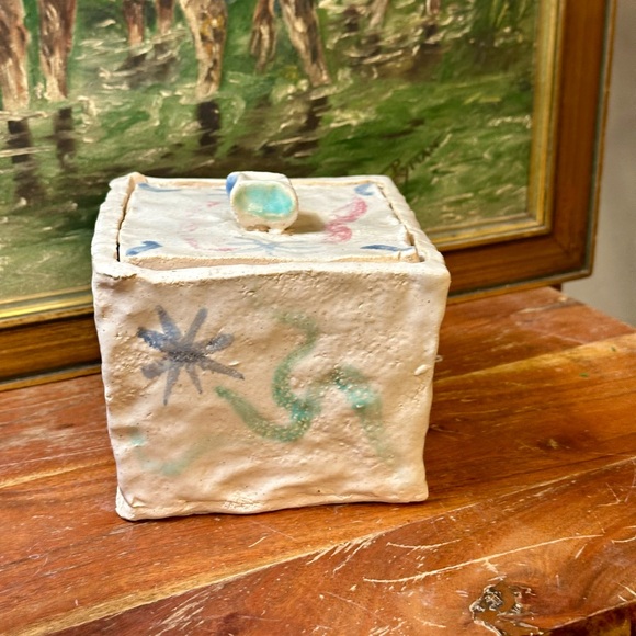 HandMade HandPainted Vintage Glazed Ceramic Slab Trinket Treasure Keepsake Box